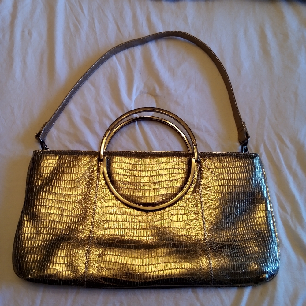 Gold Snake Print Textured Women's Small Lodis Handbag Tote Quilted Like New